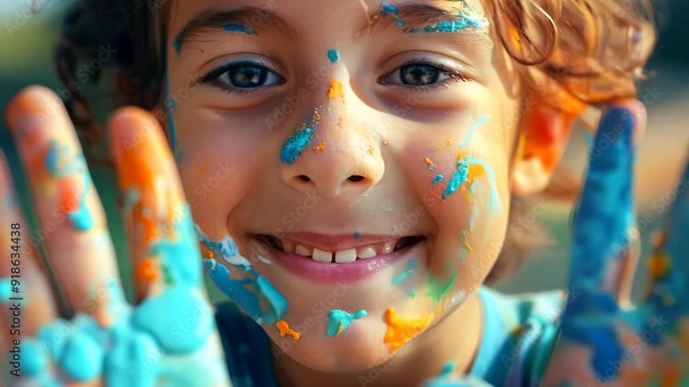 A child joyfully shows off vibrant, paint-splashed hands while immersed in artistic play in the warmth of a summer afternoon A child joyfully shows off vibrant, paint-splashed hands while immersed in artistic play in the warmth of a summer afternoon