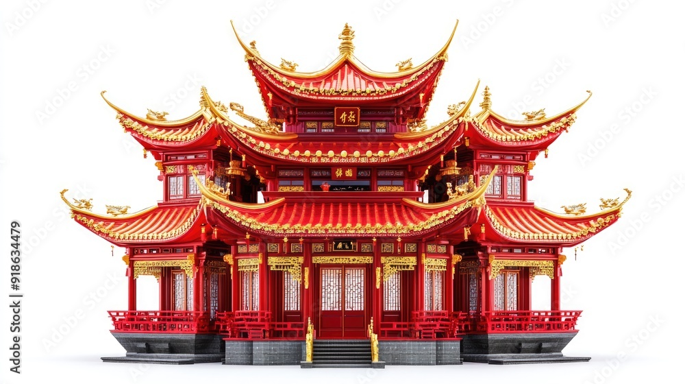 Traditional Red Chinese Pagoda with Curved Roofs and Golden Accents Traditional Red Chinese Pagoda with Curved Roofs and Golden Accents