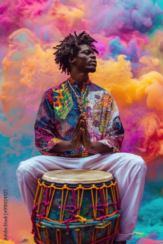 A Colorful Beat: Percussionist Plays Djembe in Vibrant Smoke