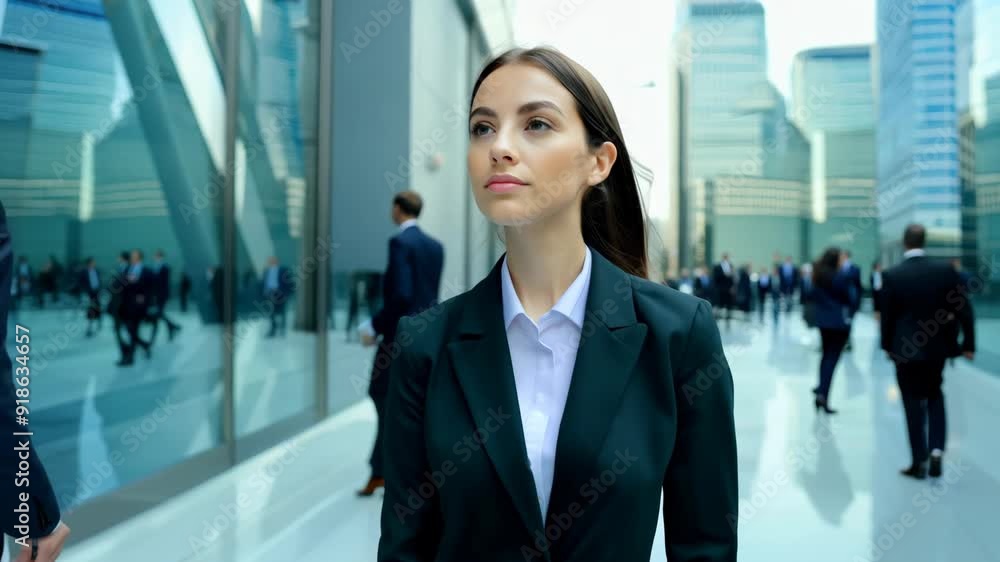 A poised woman strides through a bustling urban landscape, surrounded by professionals amid gleaming glass buildings under a bright sky A poised woman strides through a bustling urban landscape, surrounded by professionals amid gleaming glass buildings under a bright sky