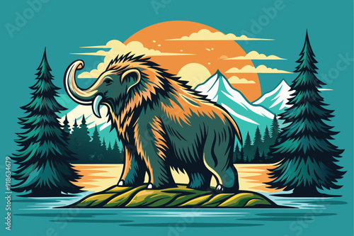 A mammoth is depicted in a mountainous setting, with a prominent mountain rising in the background, highlighting the natural beauty.