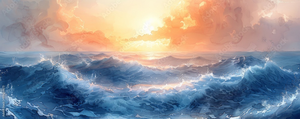 Watercolor abstract ocean waves with sunlight reflections. Watercolor abstract ocean waves with sunlight reflections.