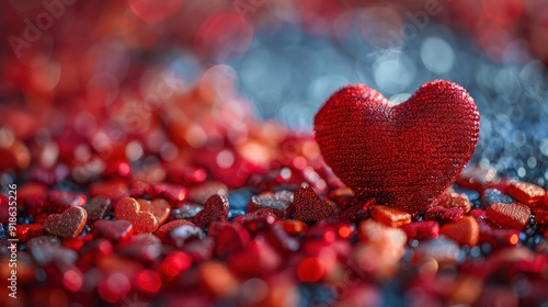 Red Maroon Glistening Background with Sunline Pattern and Crocheted Heart, Copy Space photo