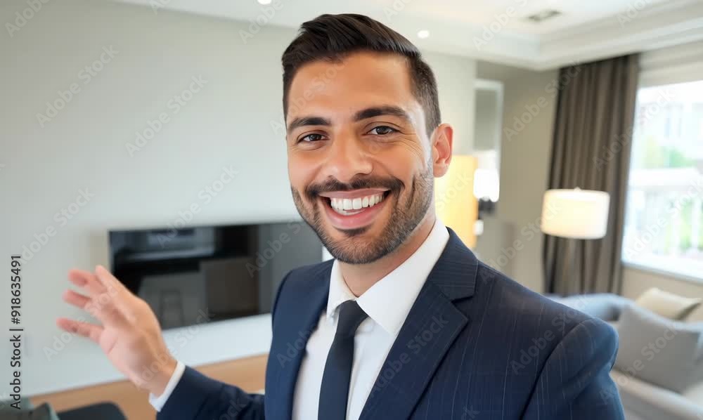 Confident Real Estate Agent Showcasing a Modern Living Room Confident Real Estate Agent Showcasing a Modern Living Room
