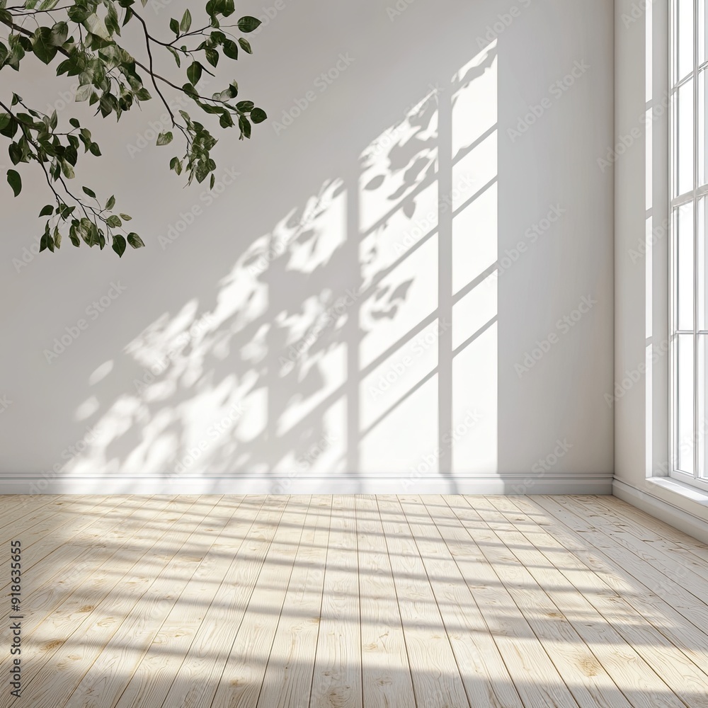 Fototapeta premium A large window with a tree outside casts a shadow on the floor