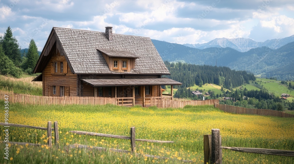 A Wooden Cabin in a Meadow with Mountain Views A Wooden Cabin in a Meadow with Mountain Views