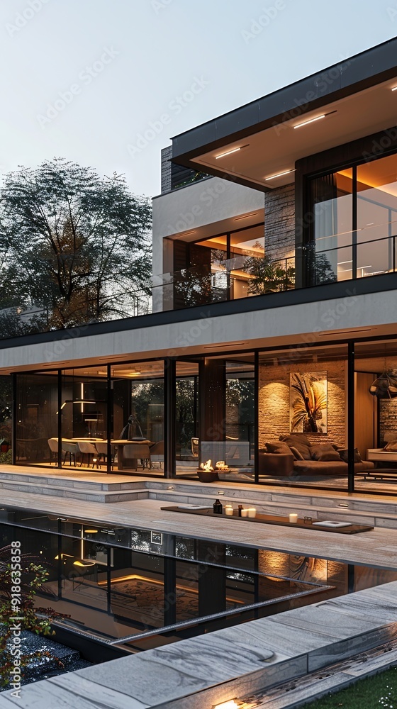 Fototapeta premium Minimalist urban villa with large, open spaces.