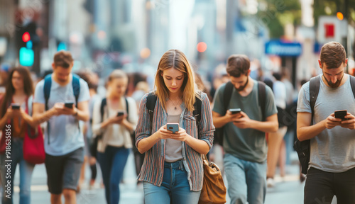 crowd of people walking on a city street, each holding a phone and looking at it. The image represents social media addiction, mobile device usage, and wireless data transfer concepts.