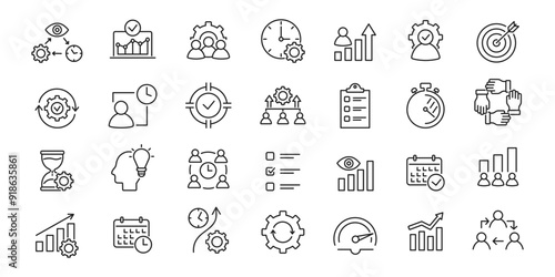 Set of Productivity and Efficiency icons. Workflow, focus, growth, productive. Vector illustration