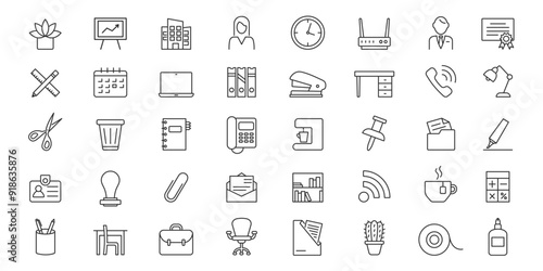 Set of office and workspace icons set. Office tools, supply,  stationary, coworking. Vector