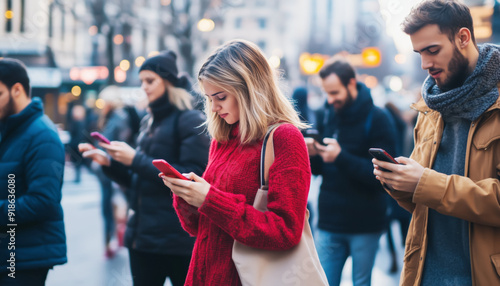 crowd of people walking on a city street, each holding a phone and looking at it. The image represents social media addiction, mobile device usage, and wireless data transfer concepts. photo