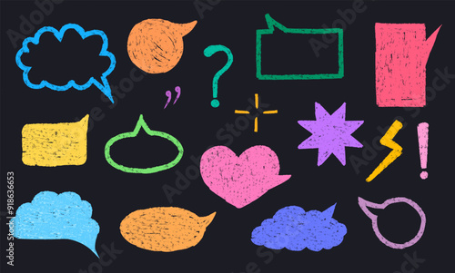 Speech bubble set drawing by crayon on chalkboard. Vector illustration with pencil texture