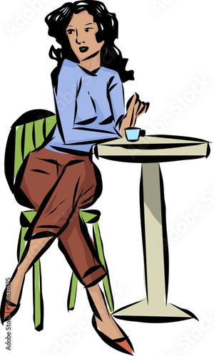 A dark-haired adult girl in a cafe at a table drinks coffee and looks around. Vector illustration A young girl in a blue blouse and brown breeches is sitting at a table on a green chair.