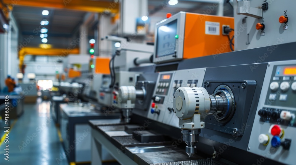 A high-tech machine shop with CNC machines and digital interfaces, representing precision in modern manufacturing. A high-tech machine shop with CNC machines and digital interfaces, representing precision in modern manufacturing.