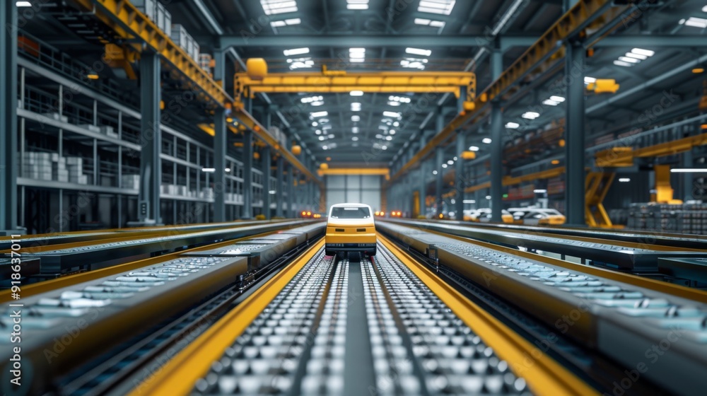 Fototapeta premium A futuristic factory floor with autonomous vehicles transporting materials, illustrating advancements in production technology.