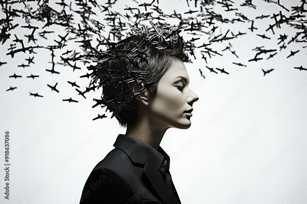 abstract concept of thought streams with flying airplanes around woman's head in profile on neutral background