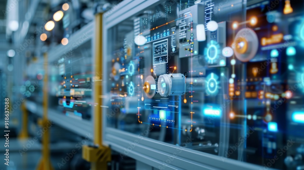 Fototapeta premium A network of smart sensors monitoring equipment in a high-tech manufacturing facility, ensuring optimal performance.