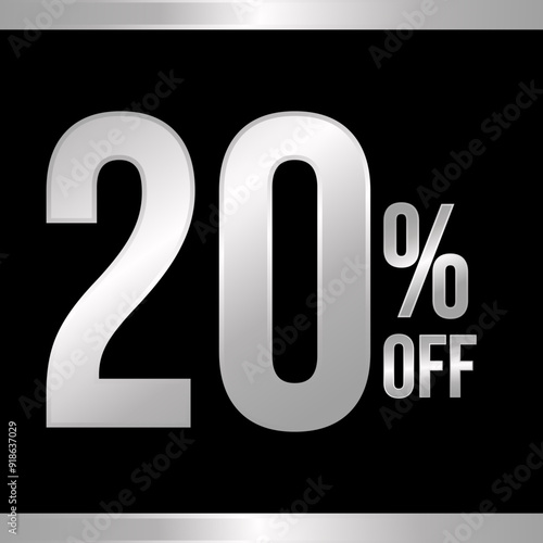 20 percent off silver, with black background and silver strips on top and bottom