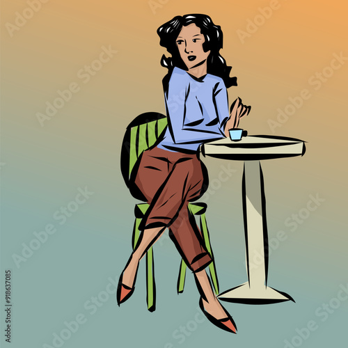 A dark-haired adult girl in a cafe at a table drinks coffee and looks around. Vector illustration A young girl in a blue blouse and brown breeches is sitting at a table on a green chair.