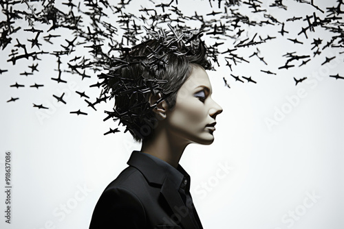 Obraz na płótnie abstract concept of thought streams with flying airplanes around woman's head in profile on neutral background w salonie