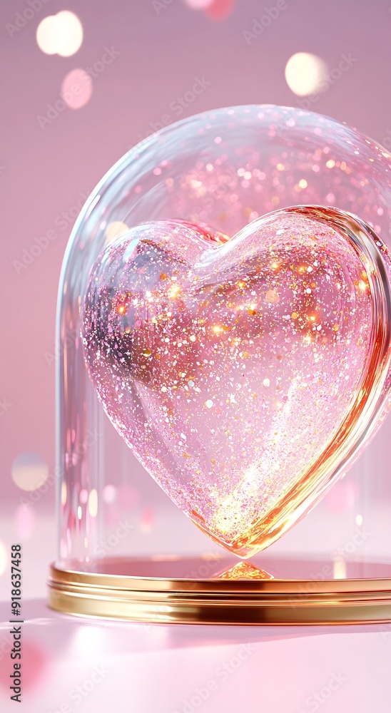 Sparkling Heart Enclosed in Glass Dome Against Soft Pink Glowing Background Sparkling Heart Enclosed in Glass Dome Against Soft Pink Glowing Background