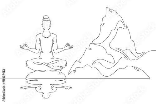 Meditating woman by the lake shore. Sea mountain landscape. Relaxation in nature. Yoga.One continuous line. Line art. Minimum one line. White background. One line drawing.