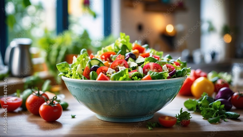 Fresh Colorful Vegetable Salad Prepared in Cozy Kitchen on a Sunny Afternoon Fresh Colorful Vegetable Salad Prepared in Cozy Kitchen on a Sunny Afternoon