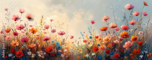 Watercolor abstract spring meadow with wildflowers.