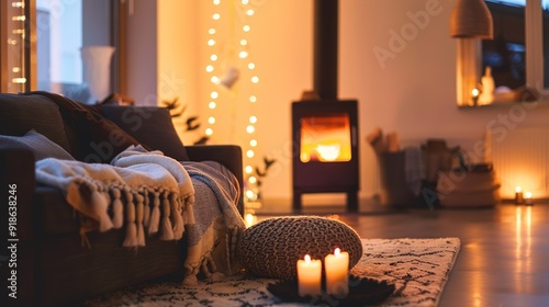Cozy living room with candles and warm lighting during the evening