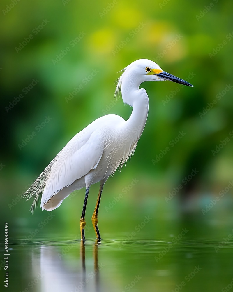 Graceful White Egret Standing in Tranquil Waters Amid Vibrant Greenery Graceful White Egret Standing in Tranquil Waters Amid Vibrant Greenery