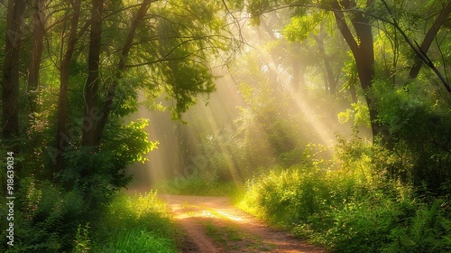 Sunlight streams through trees on a serene woodland pathway in the early morning