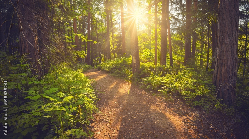 Fototapeta premium A sunny forest pathway during the golden hour in a lush green forest
