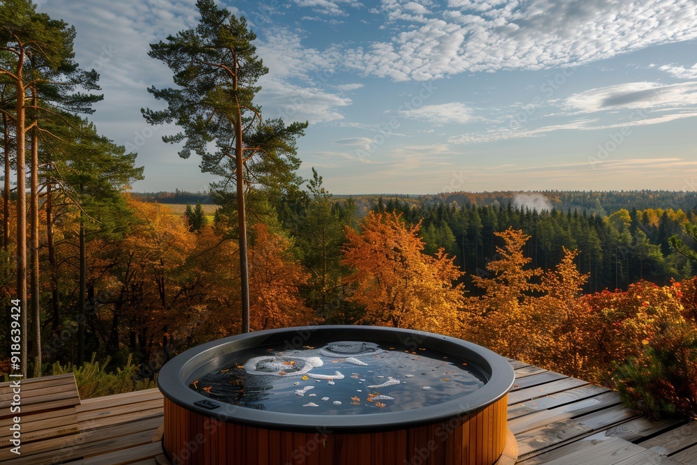 Wooden deck featuring a hot tub, with a panoramic view of a pine forest in autumn.. Wooden deck featuring a hot tub, with a panoramic view of a pine forest in autumn..