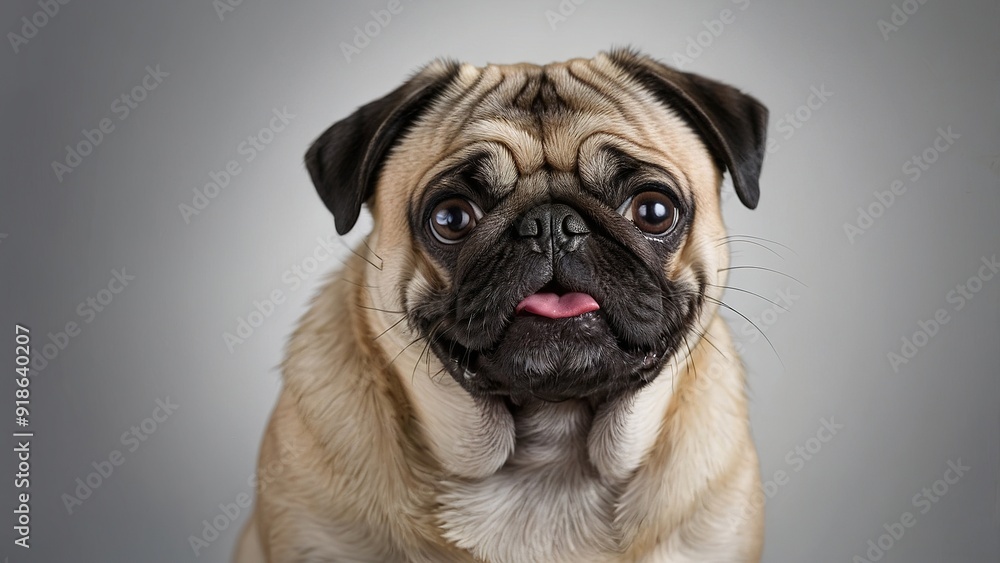 Happy pug sitting against a plain background with an expressive face and a playful demeanor Happy pug sitting against a plain background with an expressive face and a playful demeanor