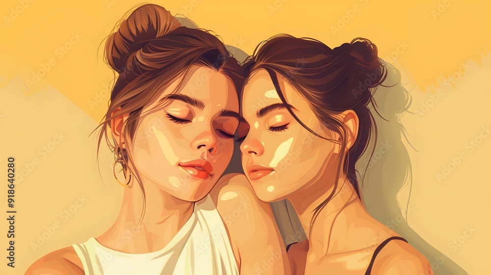 Tender moment between two young women with closed eyes and arms around each other Tender moment between two young women with closed eyes and arms around each other