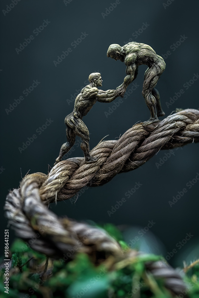 Sculpted figures support one another on a rope, surrounded by rich green foliage, symbolizing teamwork and perseverance in nature Sculpted figures support one another on a rope, surrounded by rich green foliage, symbolizing teamwork and perseverance in nature