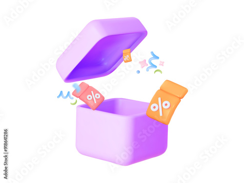 An open, empty pink gift box with scattered coupons and confetti for inserting your product. A creative vector illustration perfect for holidays
