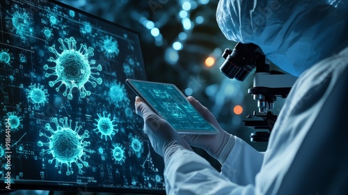 The physician holds an immunological tablet in his hand against a microscope background in order to examine samples under a large microscope. photo