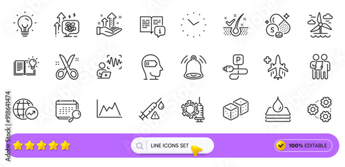Charging parking, Coronavirus vaccine and Dice line icons for web app. Pack of Survey, Anti-dandruff flakes, Weariness pictogram icons. Gears, Waterproof, Stress grows signs. Search bar. Vector