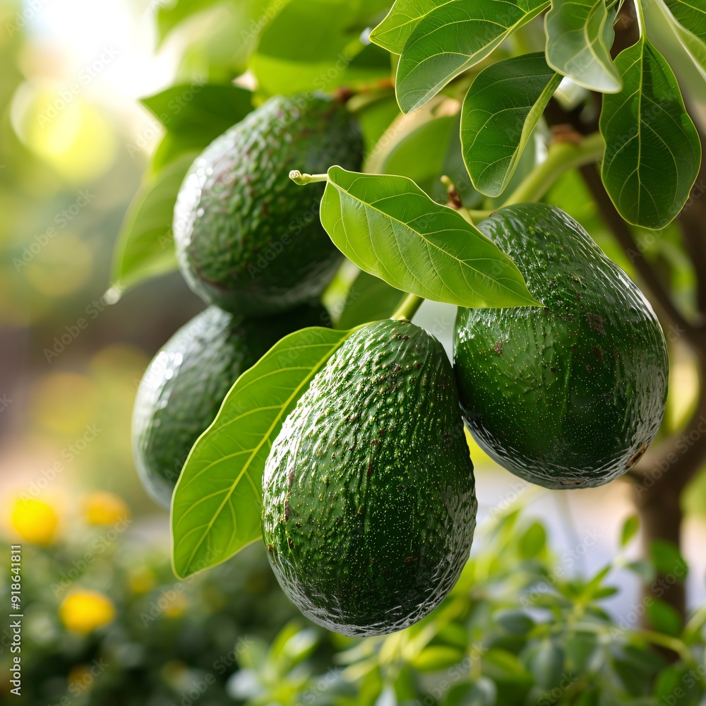Ripe Green Avocados Hanging on Tree Branches in a Sunny Orchard Ripe Green Avocados Hanging on Tree Branches in a Sunny Orchard