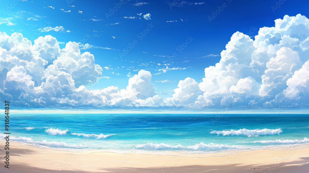 Fototapeta premium Beautiful blue sky with white clouds over the sea and beach. in the style of anime