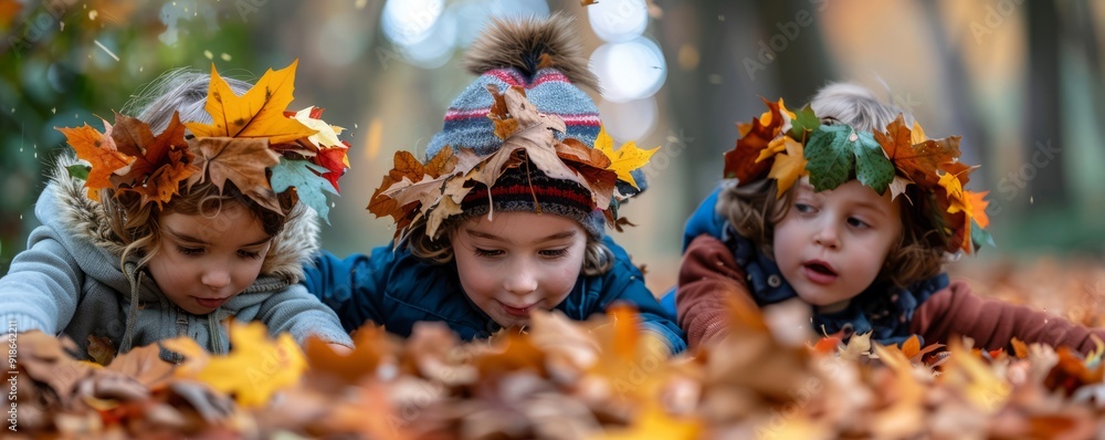 Children making autumn leaf crowns Children making autumn leaf crowns