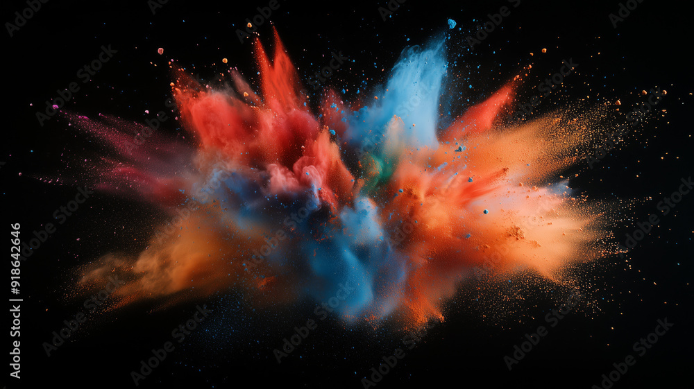 Vibrant explosion of dry powder colors against a dark backdrop, merging hues in a dynamic display of artistry and movement Vibrant explosion of dry powder colors against a dark backdrop, merging hues in a dynamic display of artistry and movement
