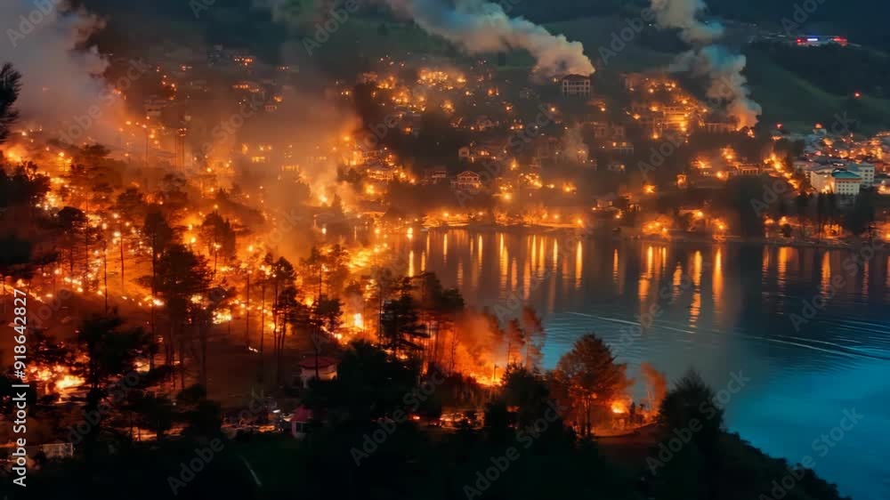 burning wildfire forest and town in the flame and smoke, scarry scenery, wildfire flame burning over town make severe damage area burning wildfire forest and town in the flame and smoke, scarry scenery, wildfire flame burning over town make severe damage area