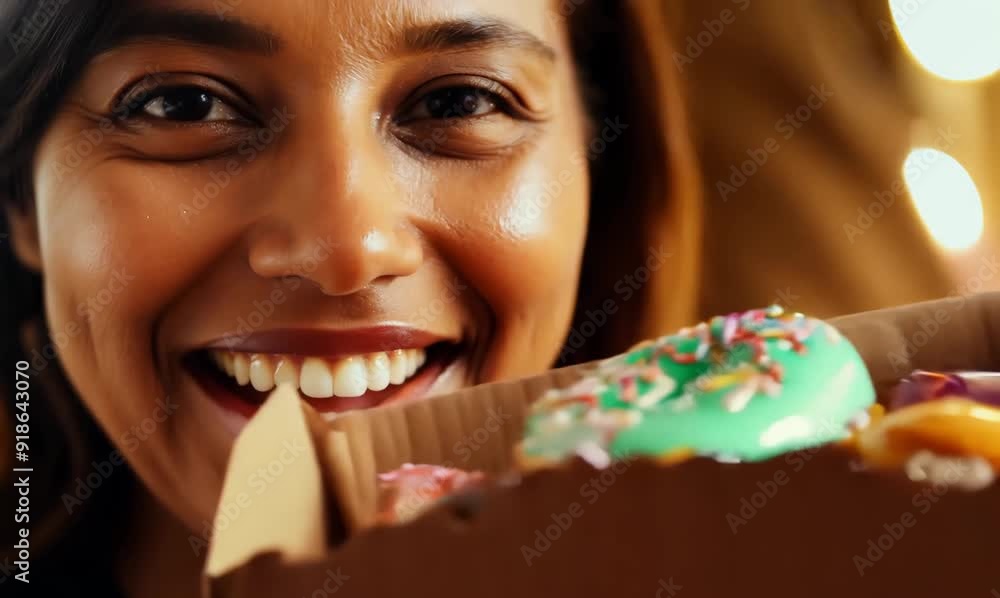 Close-up video of a joyful woman showcasing delicious colorful donuts in a warm bakery Close-up video of a joyful woman showcasing delicious colorful donuts in a warm bakery