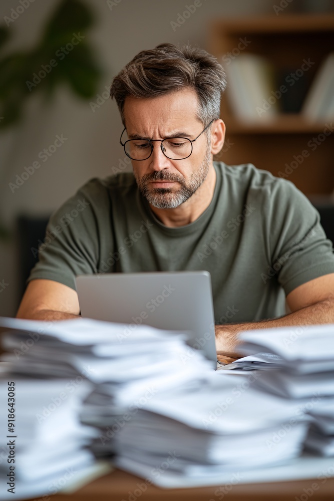 Mature Man Working on Laptop at Desk with Stacks of Papers in Office Mature Man Working on Laptop at Desk with Stacks of Papers in Office