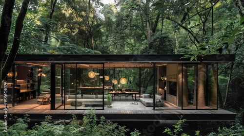 A modern, glass-walled house with a wooden deck, nestled amidst lush green trees, features a comfortable living room with large windows and elegant lighting.