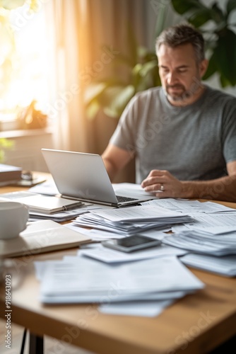 Middle-aged Man Working at Home Office with Documents and Laptop on Desk