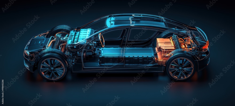 Naklejka premium A contemporary cross-section illustration of an electric car