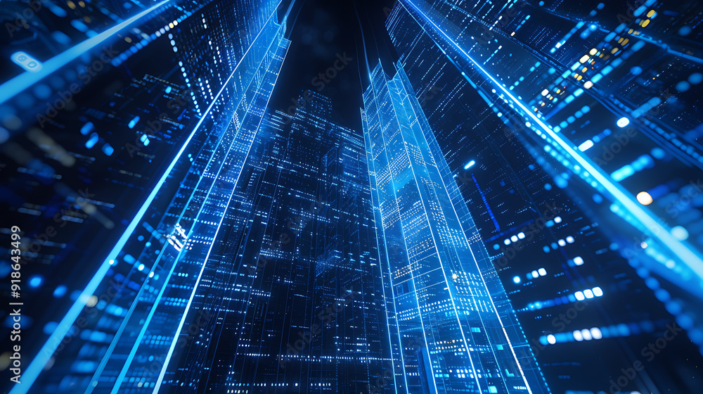 a futuristic building or data center, glowing with blue light against a dark background. The abstract, grid-like patterns suggest digital connectivity or advanced technology a futuristic building or data center, glowing with blue light against a dark background. The abstract, grid-like patterns suggest digital connectivity or advanced technology
